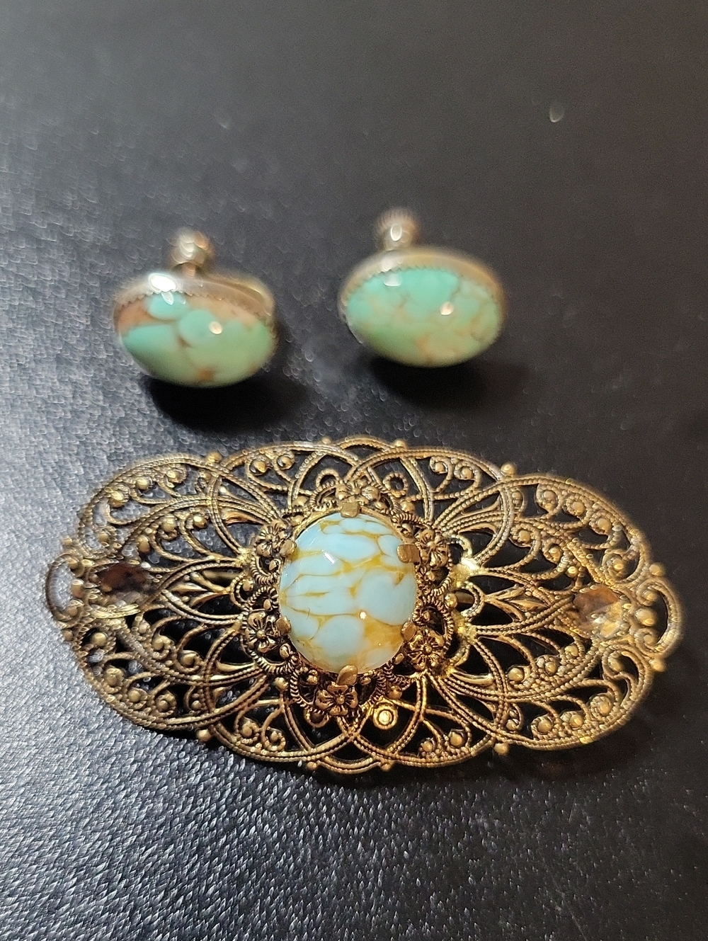 Vintage-Inspired Filigree Brooch and Earring Set with Turquoise Cabochons